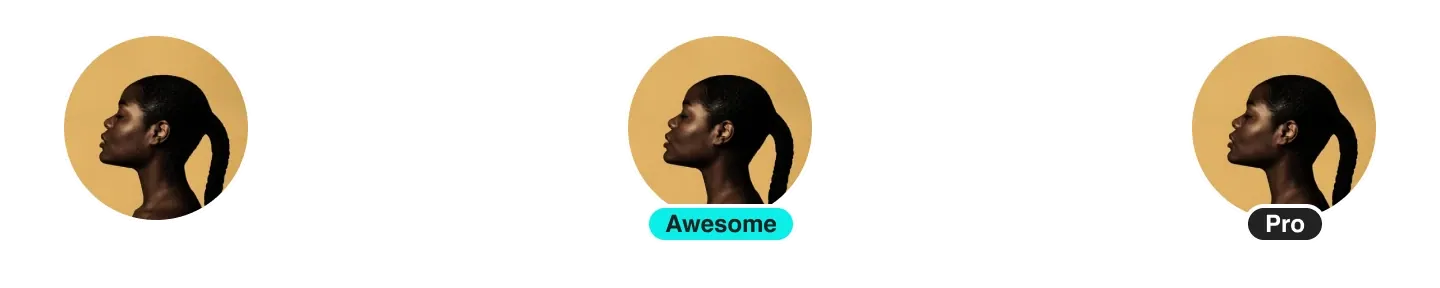 Three avatar previews for 500px. One with no label (free), one with an 'Awesome' label, and one with a 'Pro' label