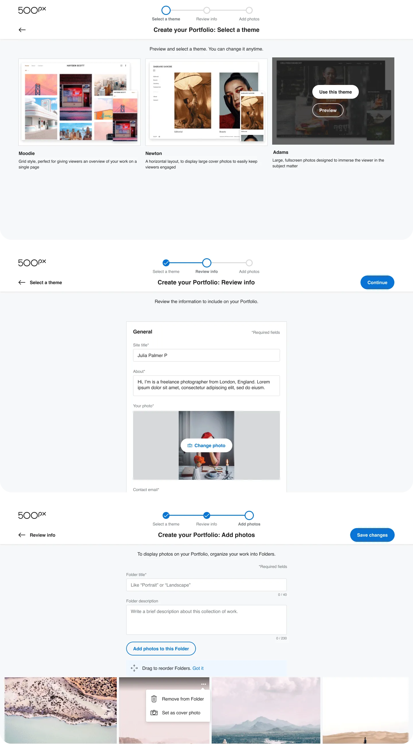 Screenshots of the 3 onboarding screens for 500px Portfolios