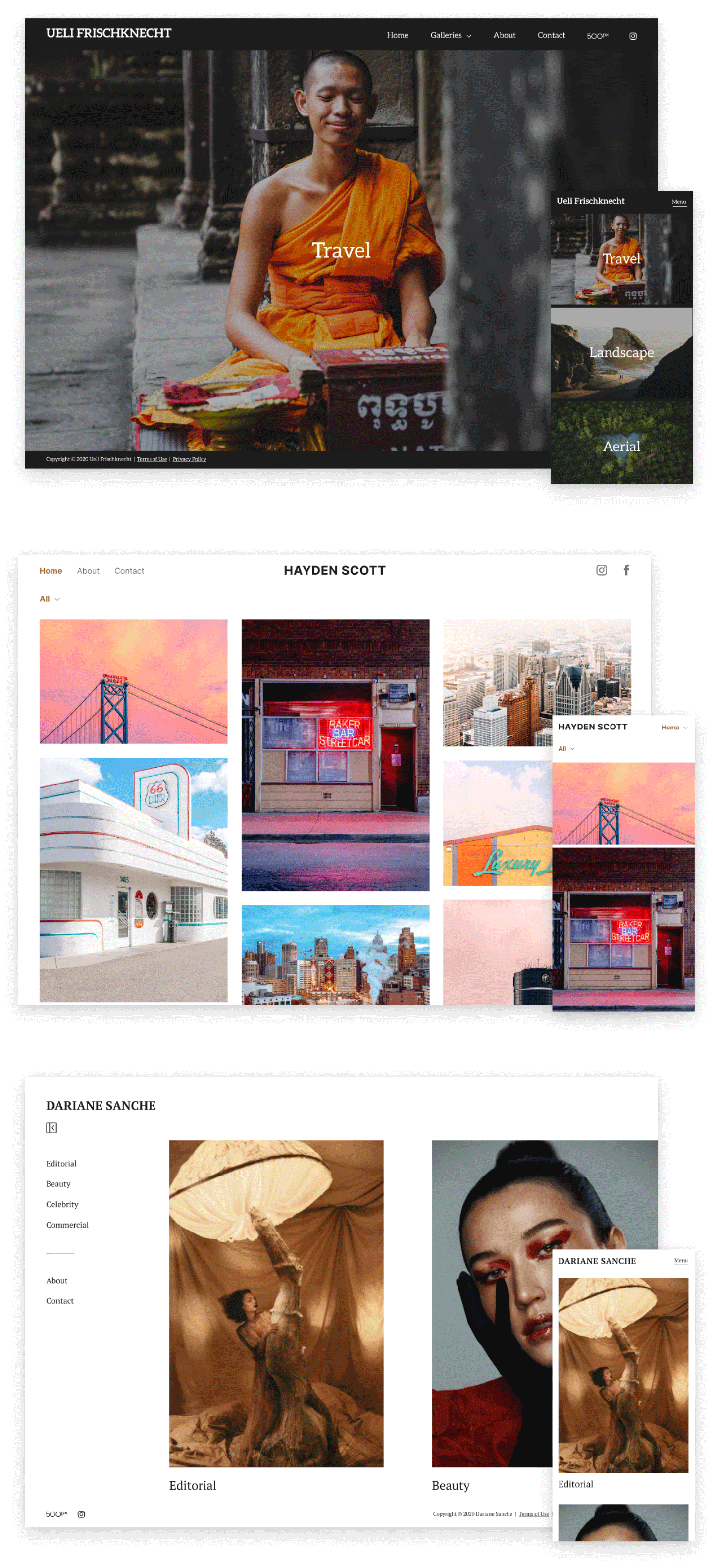 Screenshots of 3 different themes that can be generated by 500px Portfolios