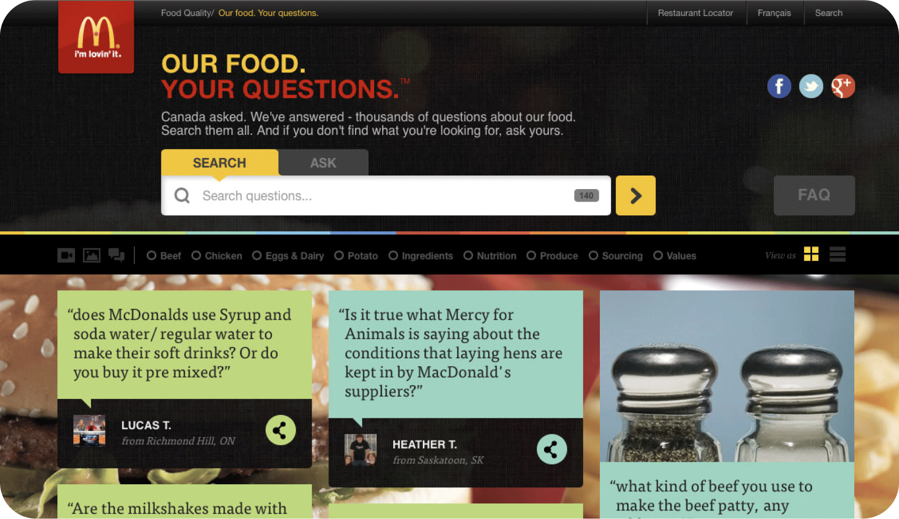 Screenshot of McDonalds Our Food, Your Questions website