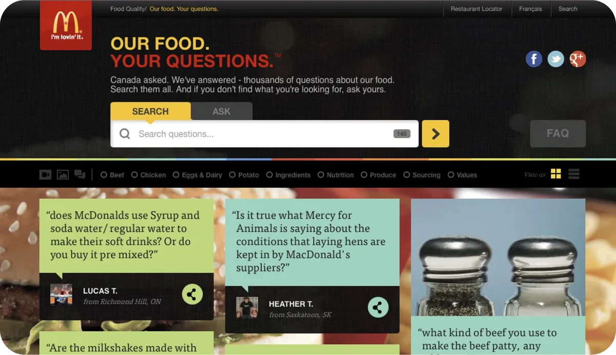 Screenshot of McDonald's Our Food, Your Questions website
