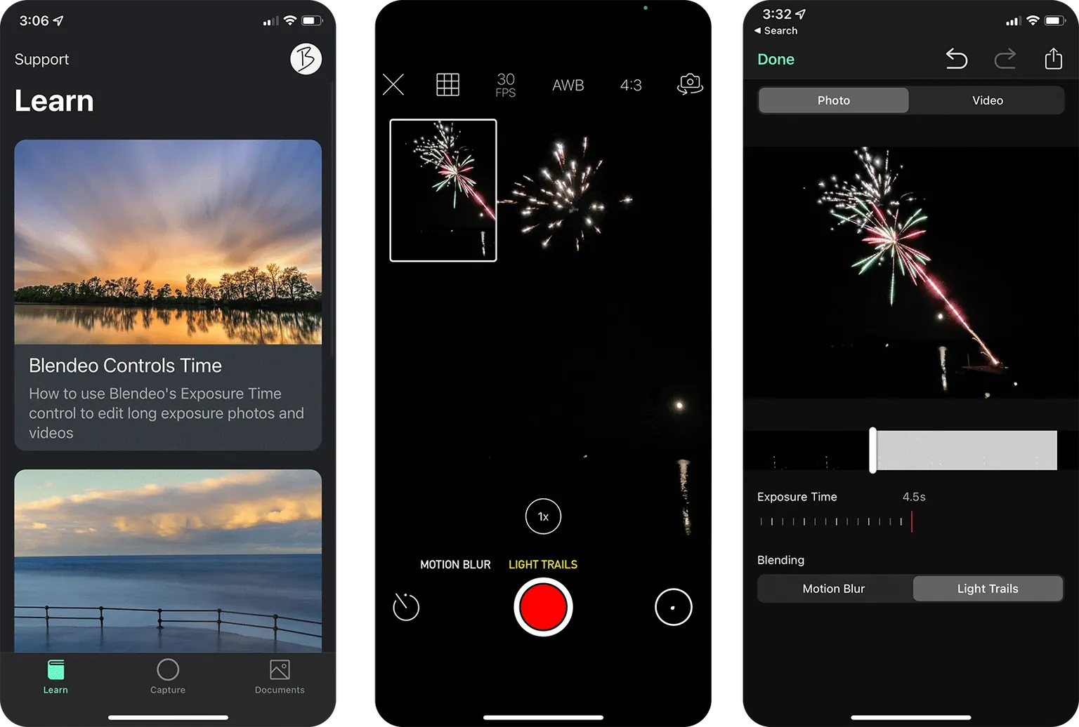 Screenshot of Blendeo's Learn, Capture, and Edit screens