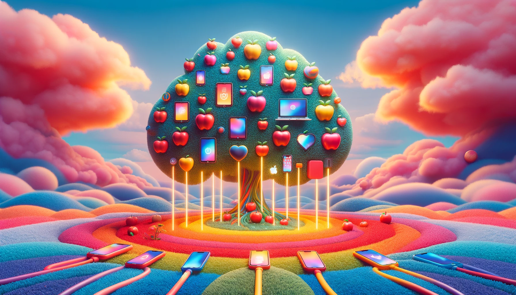 An artistic depiction of AI personalization, represented by a tree with icons for each type of data and roots stretching to the horizon in every direction.