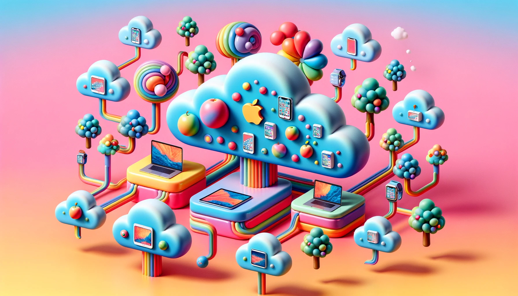 A dreamy depiction of cloud computing made tangible, with decision trees emanating from floating islands.