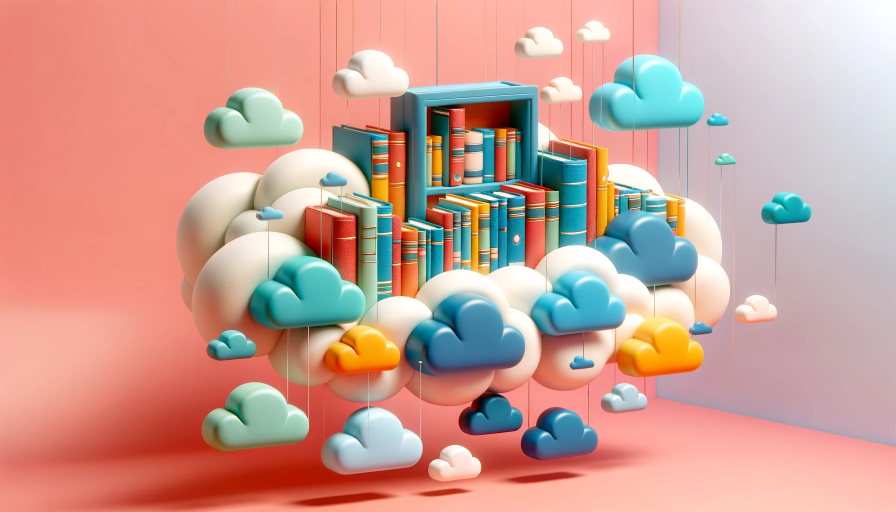 A dreamy depiction of a library floating in a sea of clouds