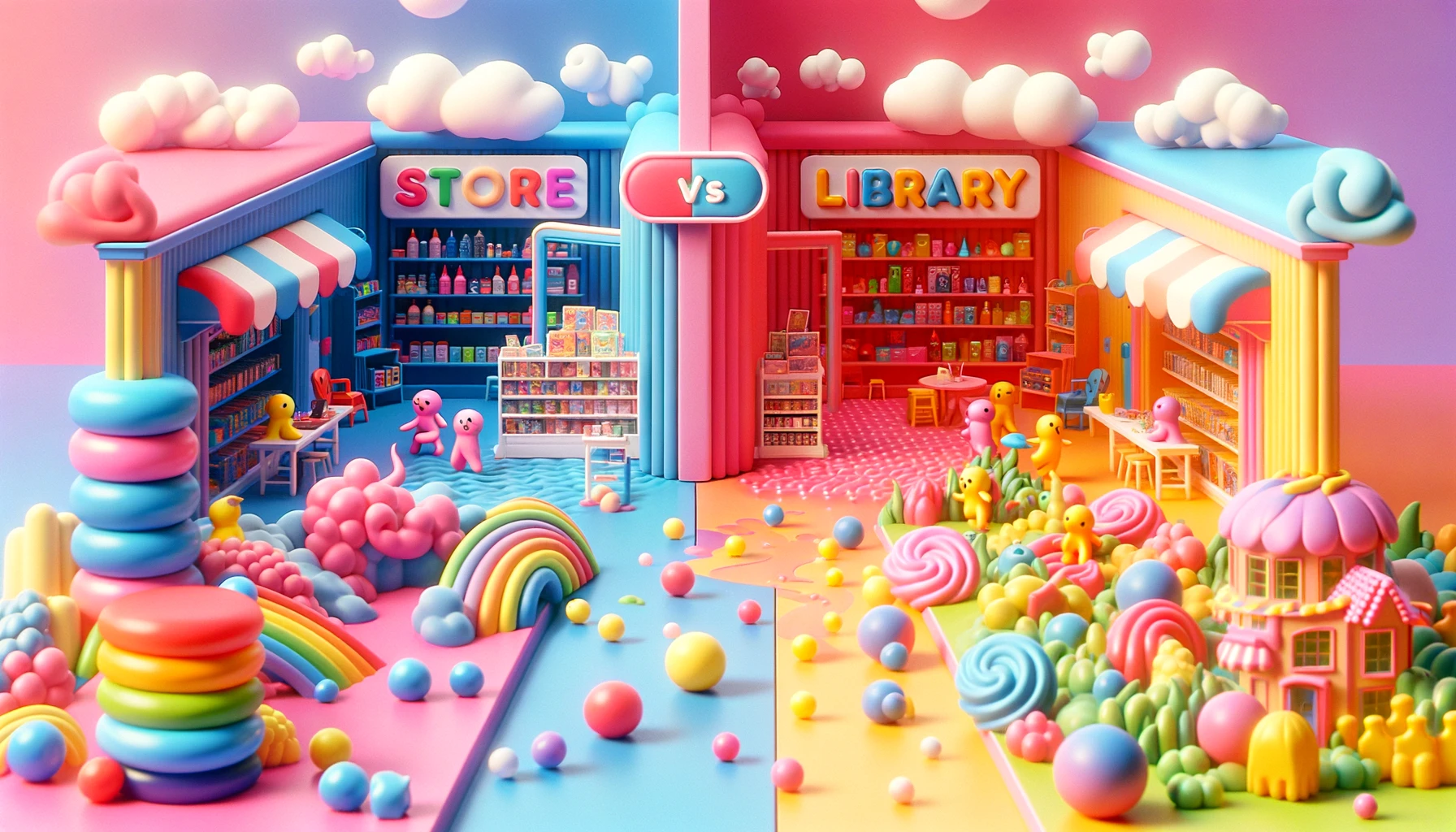 A dreamy depiction of a store on one side and a library on the other