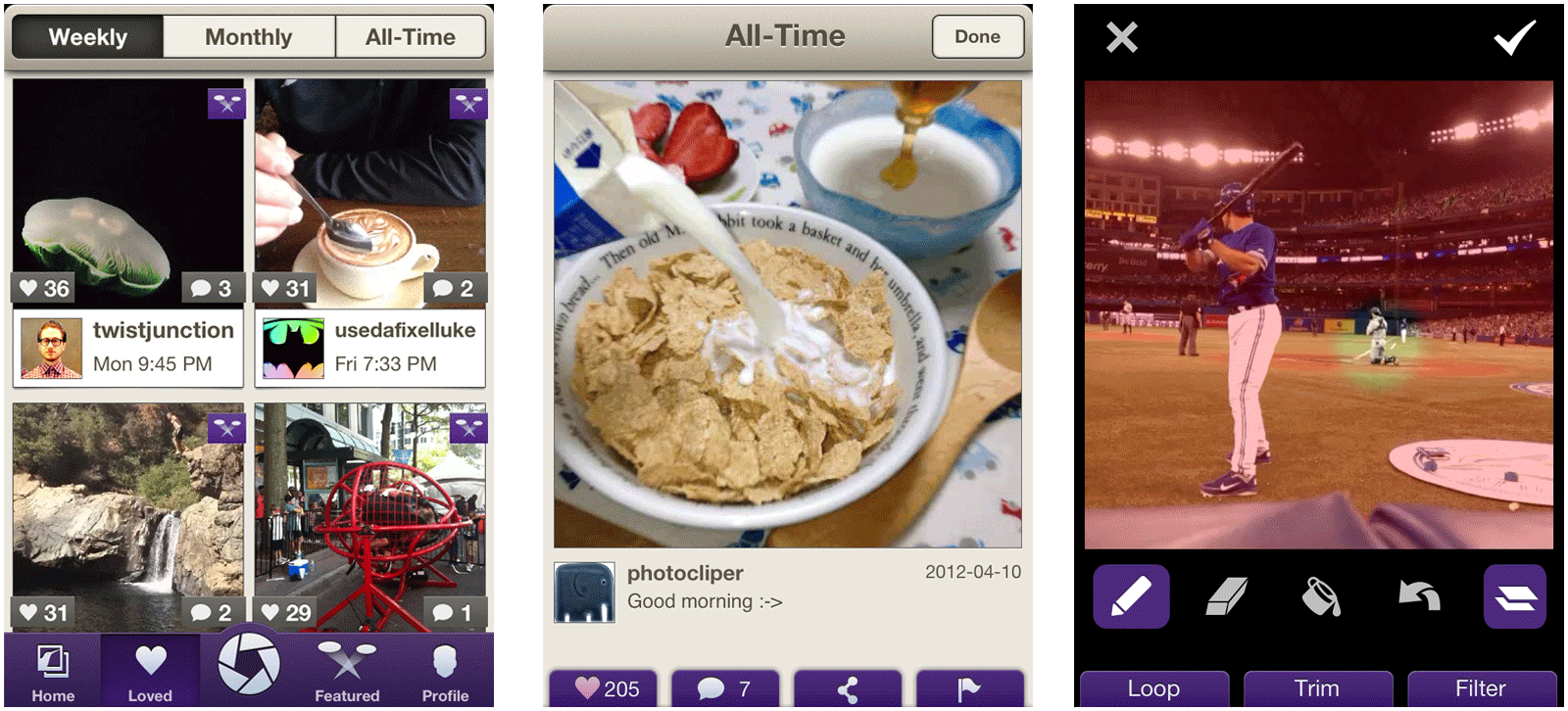 Screenshot of the Feed, View, and Edit screens from the original Flixel app