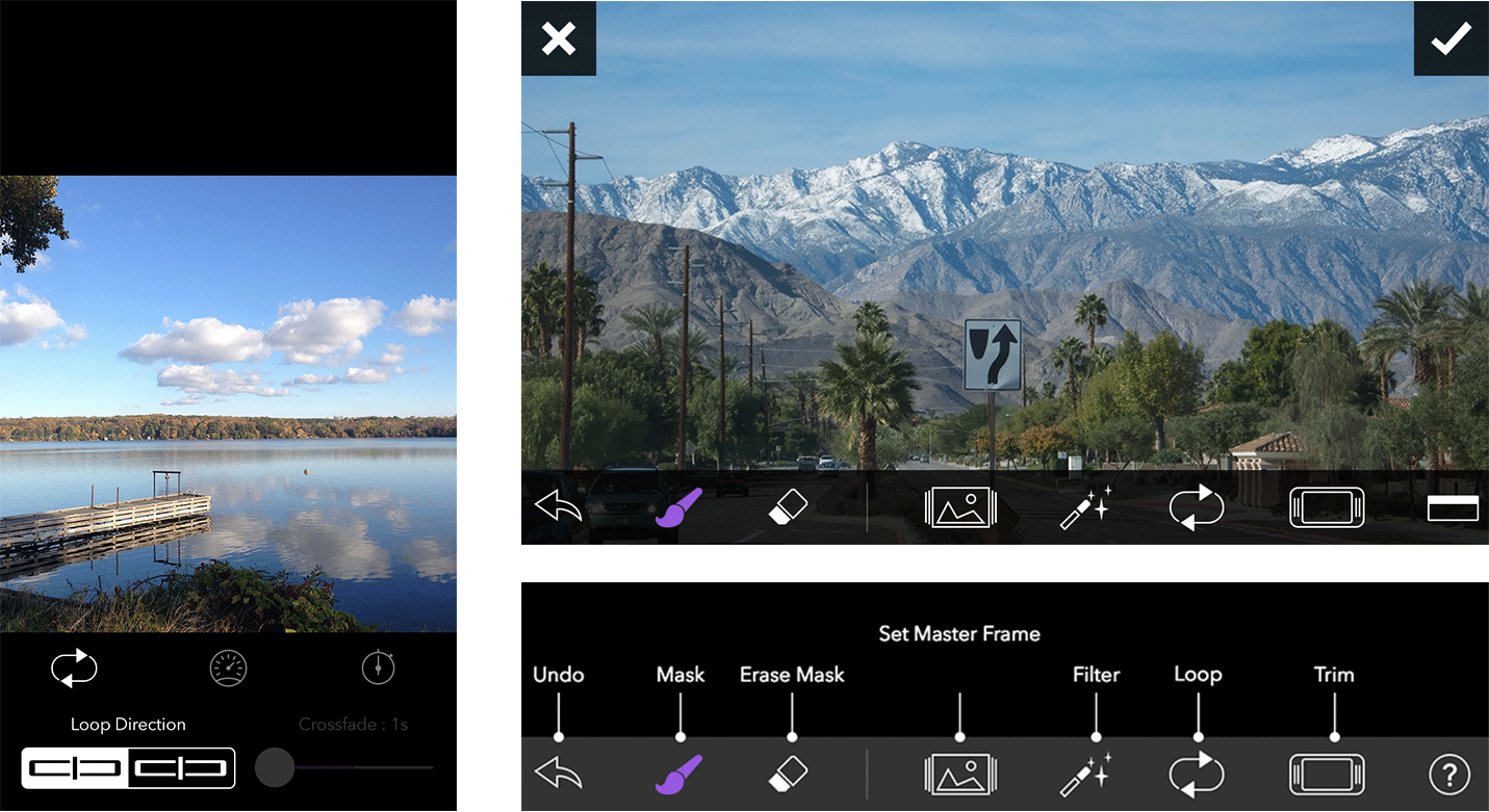 Screenshots of the new pro version of Flixel Cinemagraph Pro (portrait and landscape orientations)