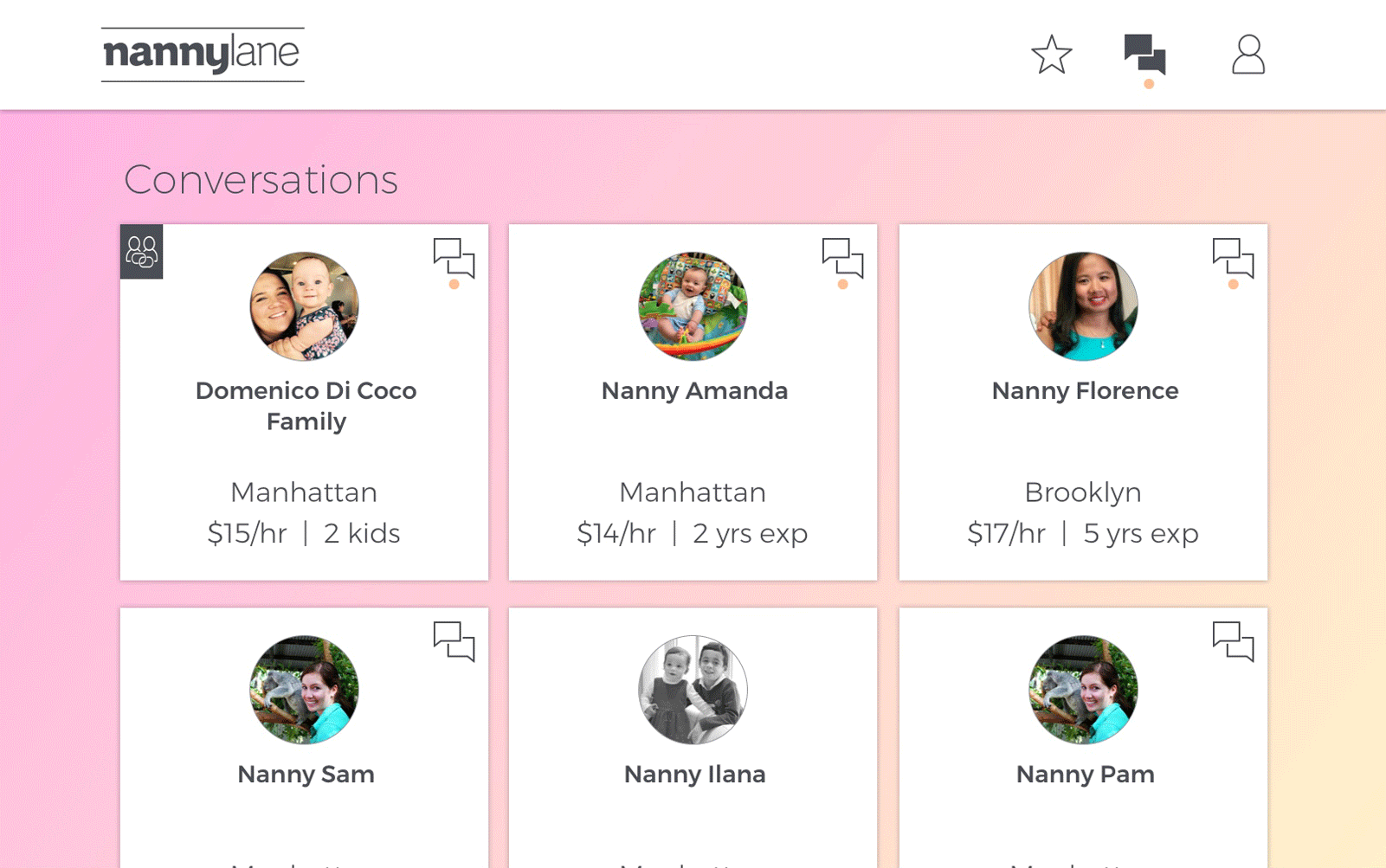 Screenshot of the dashboard for Nanny Lane