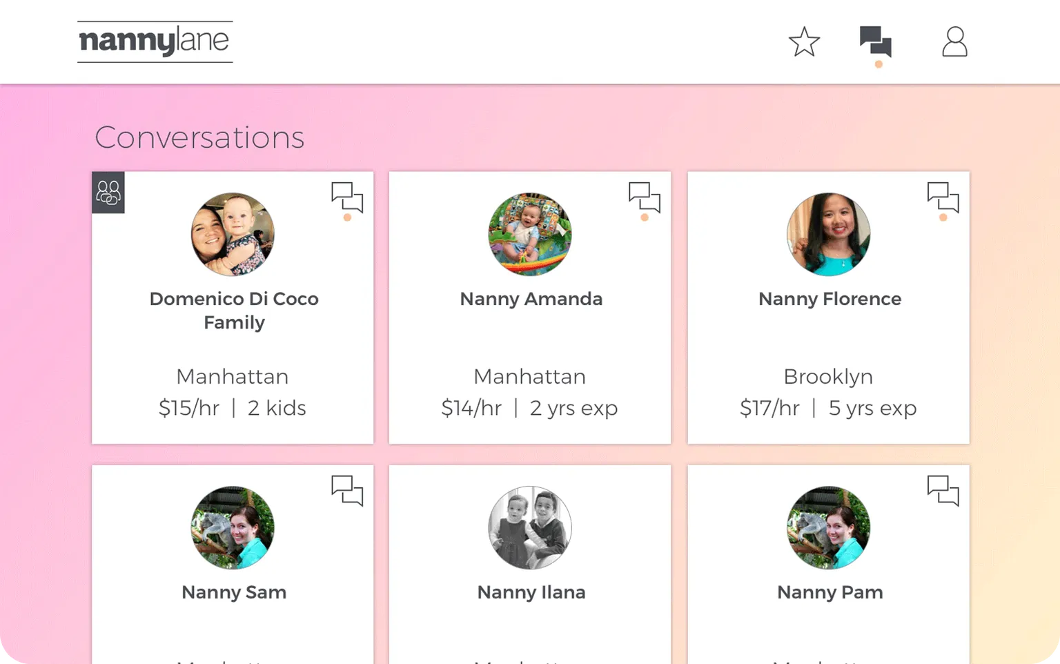 Screenshot of the dashboard for Nanny Lane