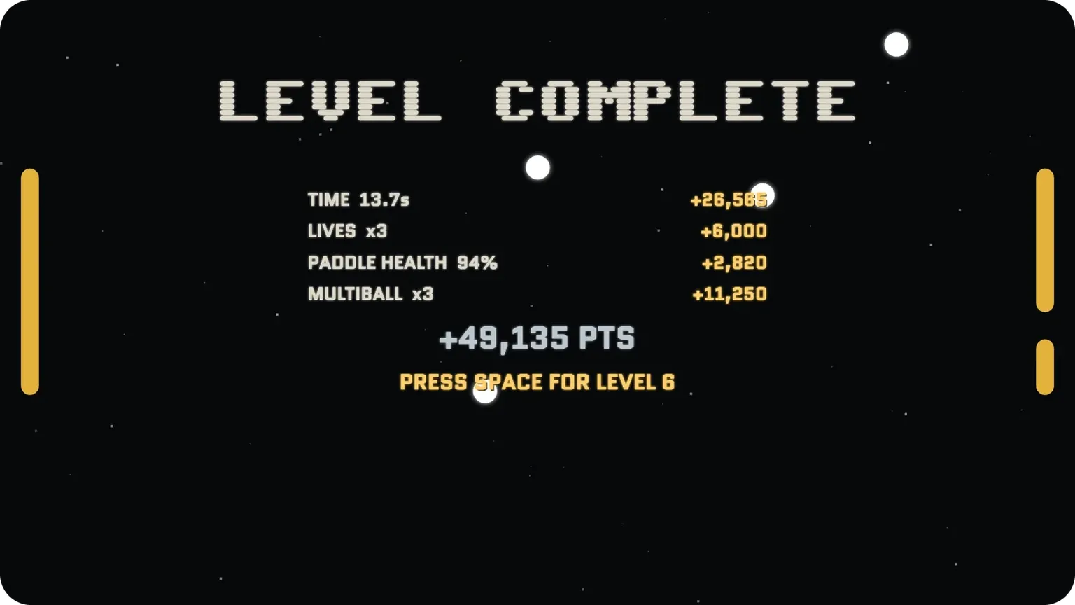 A level complete screen showing time, lives, paddle health, and multiball bonuses adding up to 49,135 points