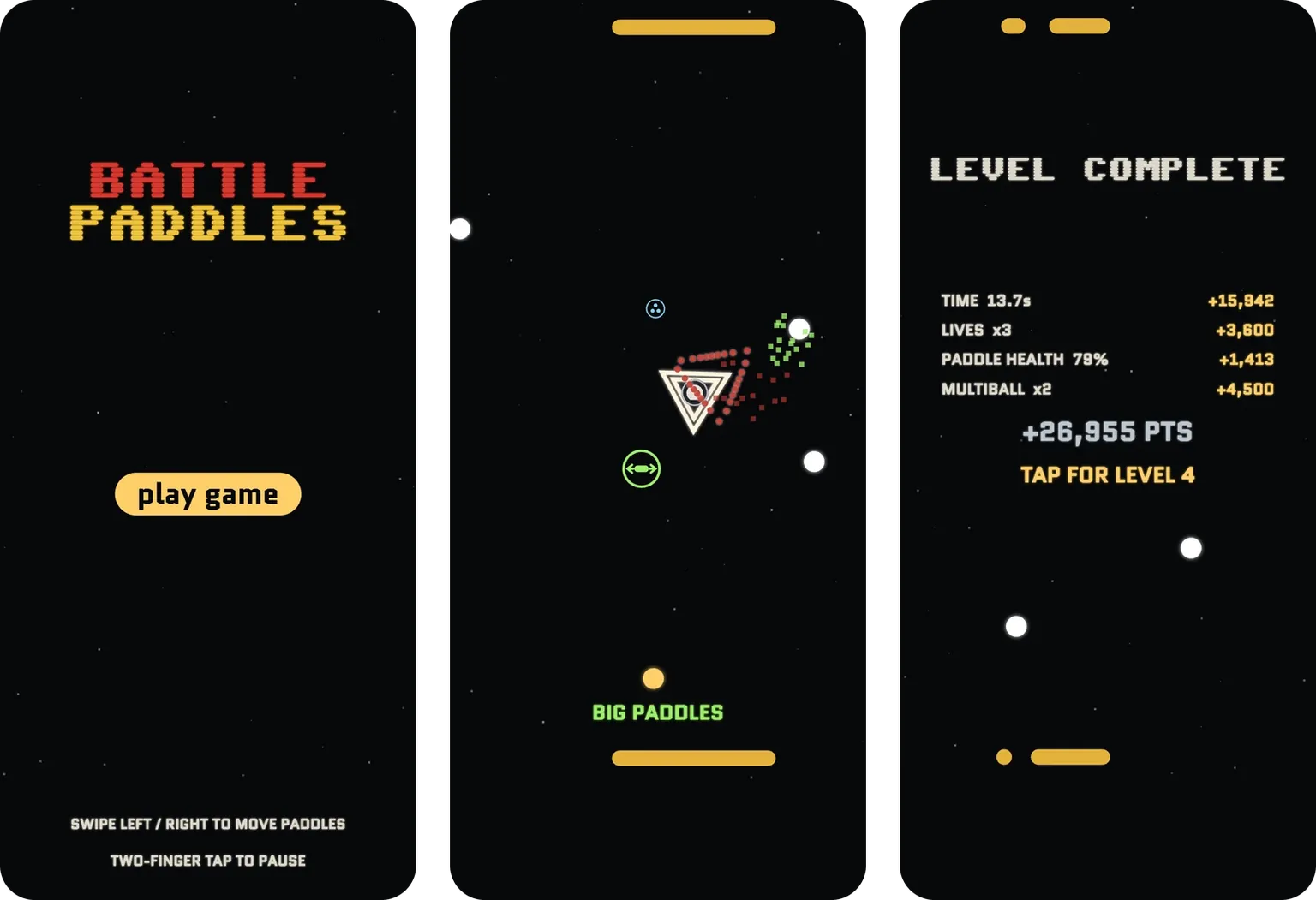 3 phone screens in portrait: the title screen with swipe controls, a boss fight with a big paddles power-up active, and a level complete score breakdown