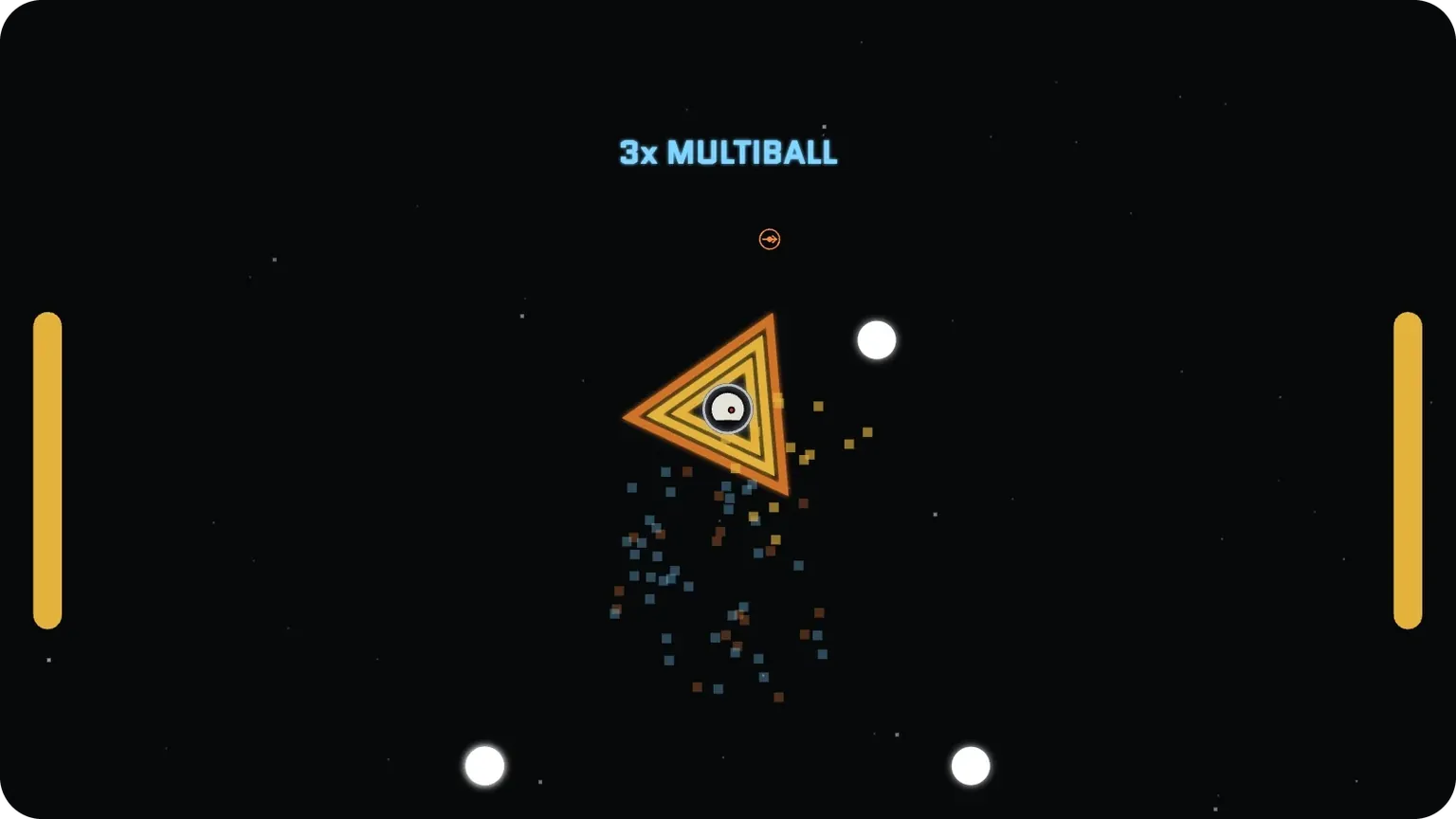 A triangle boss with 3 coloured armour rings, surrounded by 3 balls, with a 3x multiball banner above it