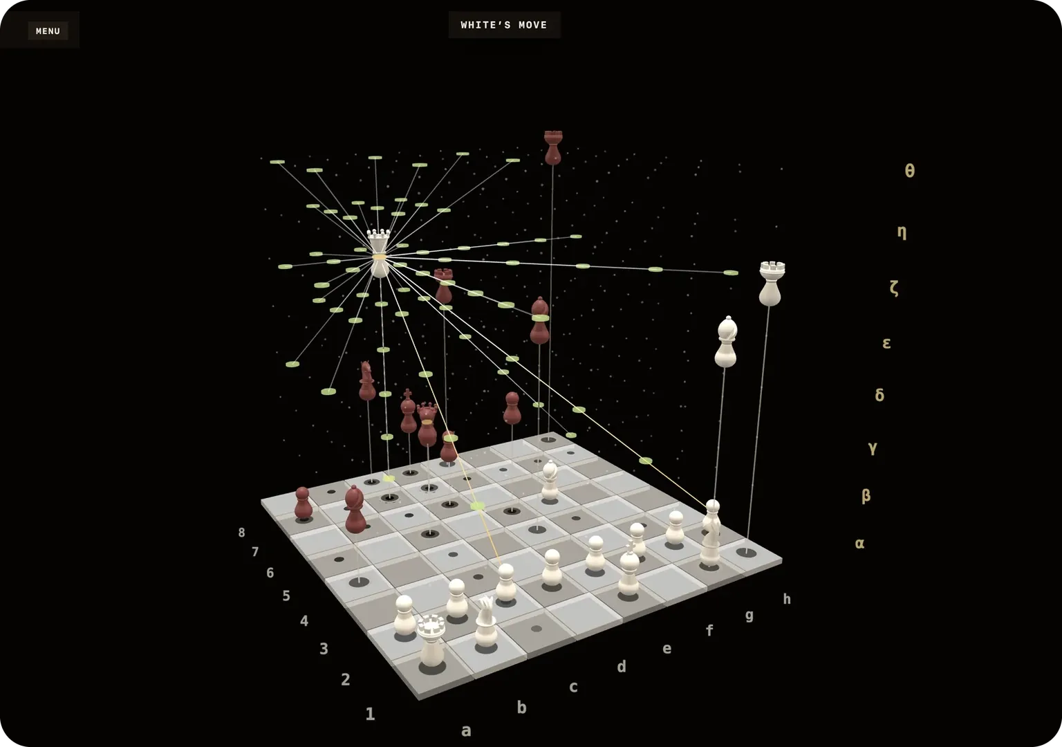 A selected queen floating above the board, with lines showing every square she can reach in 3 dimensions