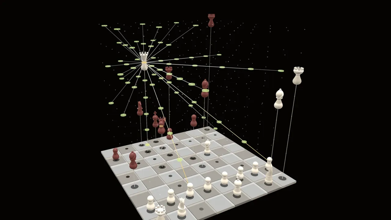 A 3D chess board with pieces floating above it on thin stems, and a queen's possible moves bursting out in every direction