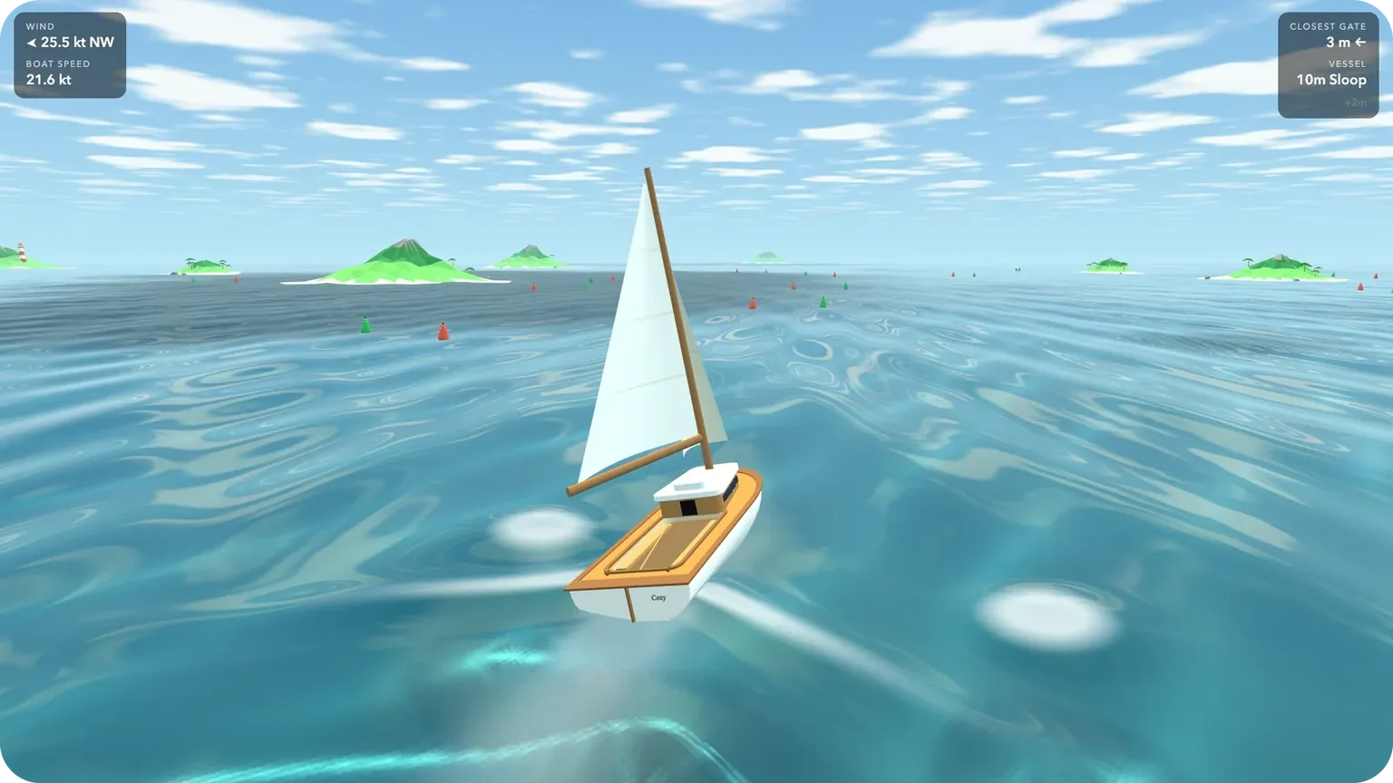 A small wooden sloop sailing past a buoy gate, with splash rings on the water and low-poly islands in the distance