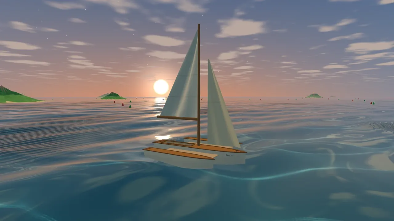 A small trimaran sailing toward a low sun, with low-poly islands and buoys on the horizon