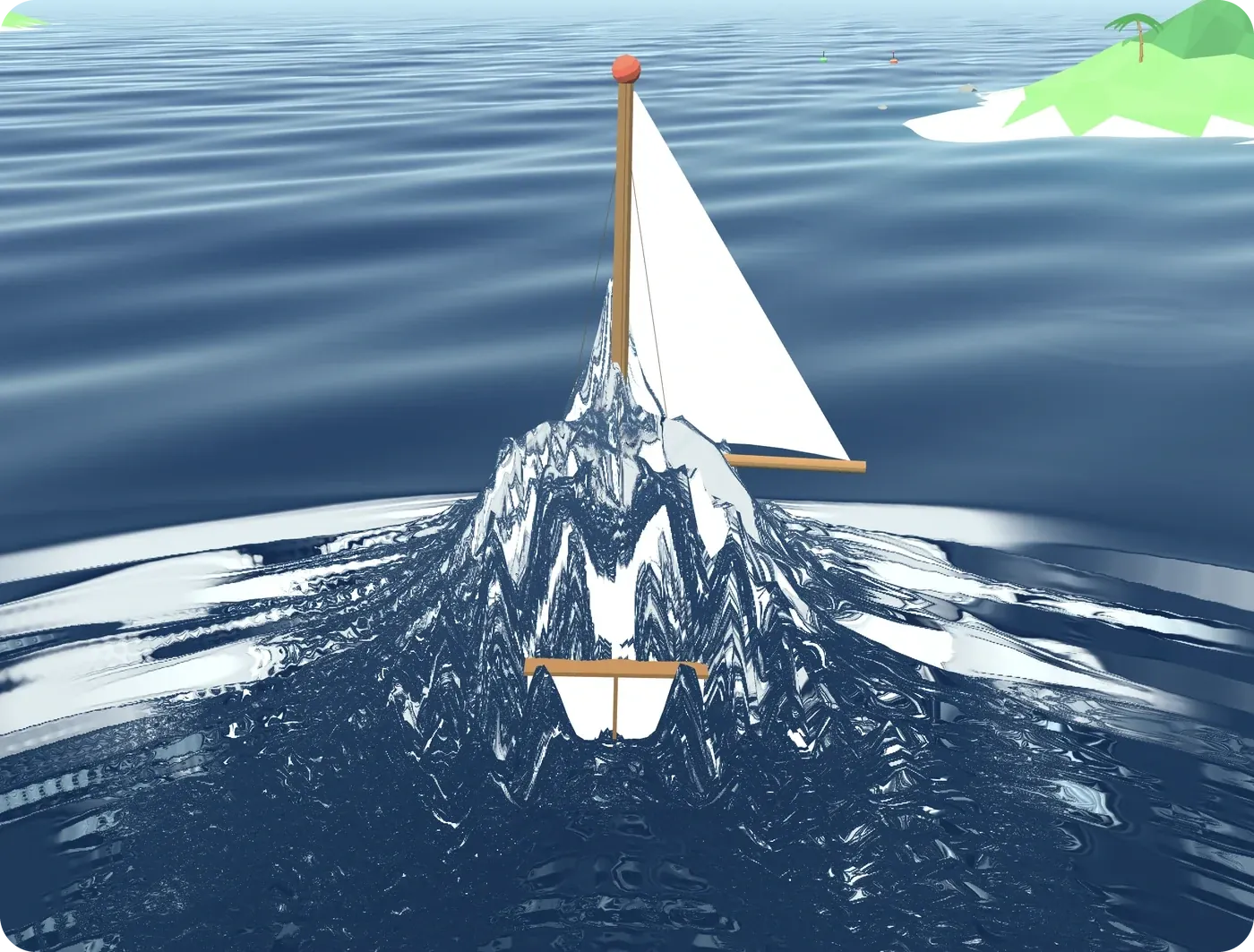 A sailboat engulfed by a spiky, glitching mountain of water rising around its hull