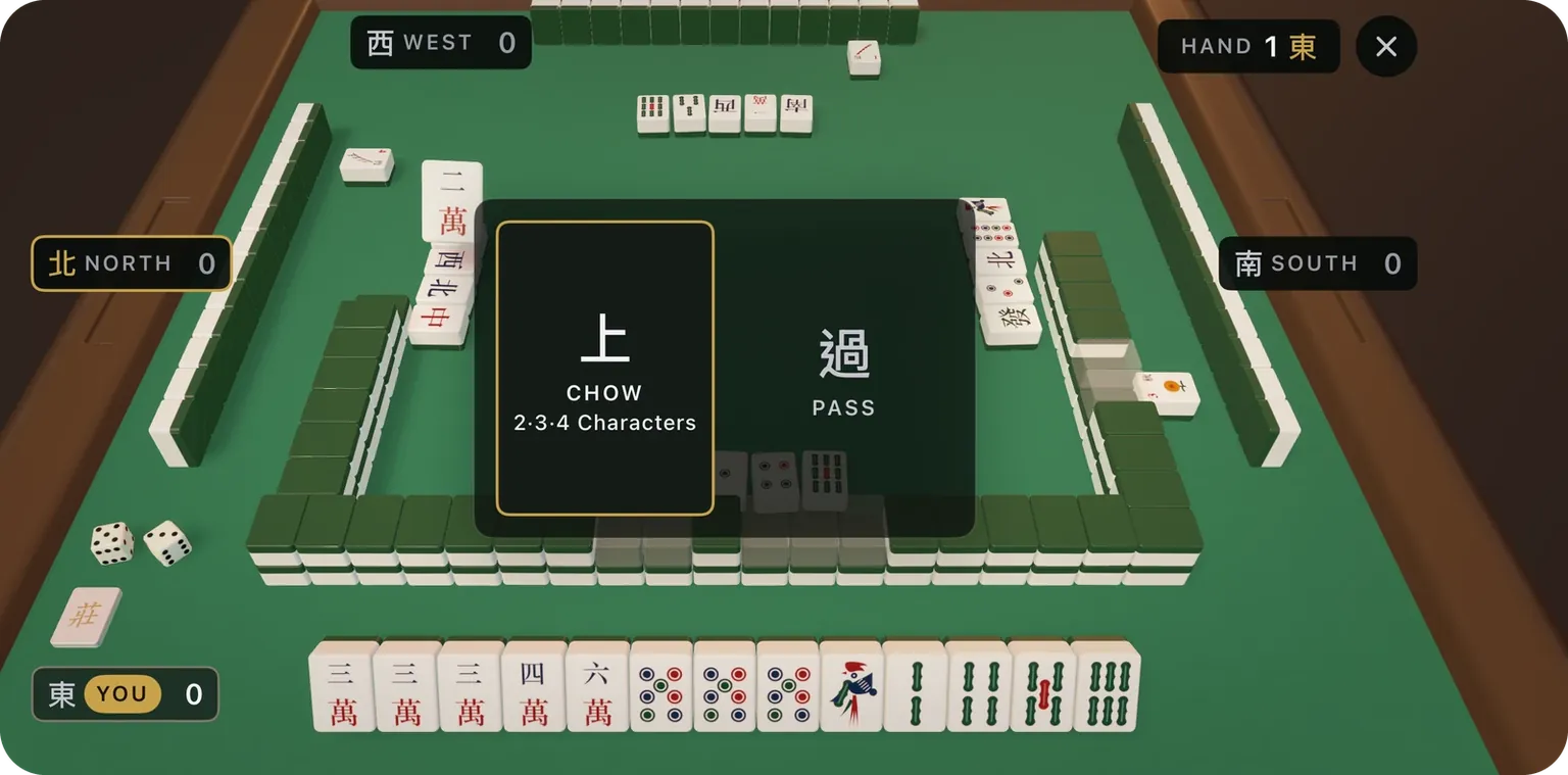 A 3D mahjong table with a prompt in the centre offering to chow a 2-3-4 of characters or pass