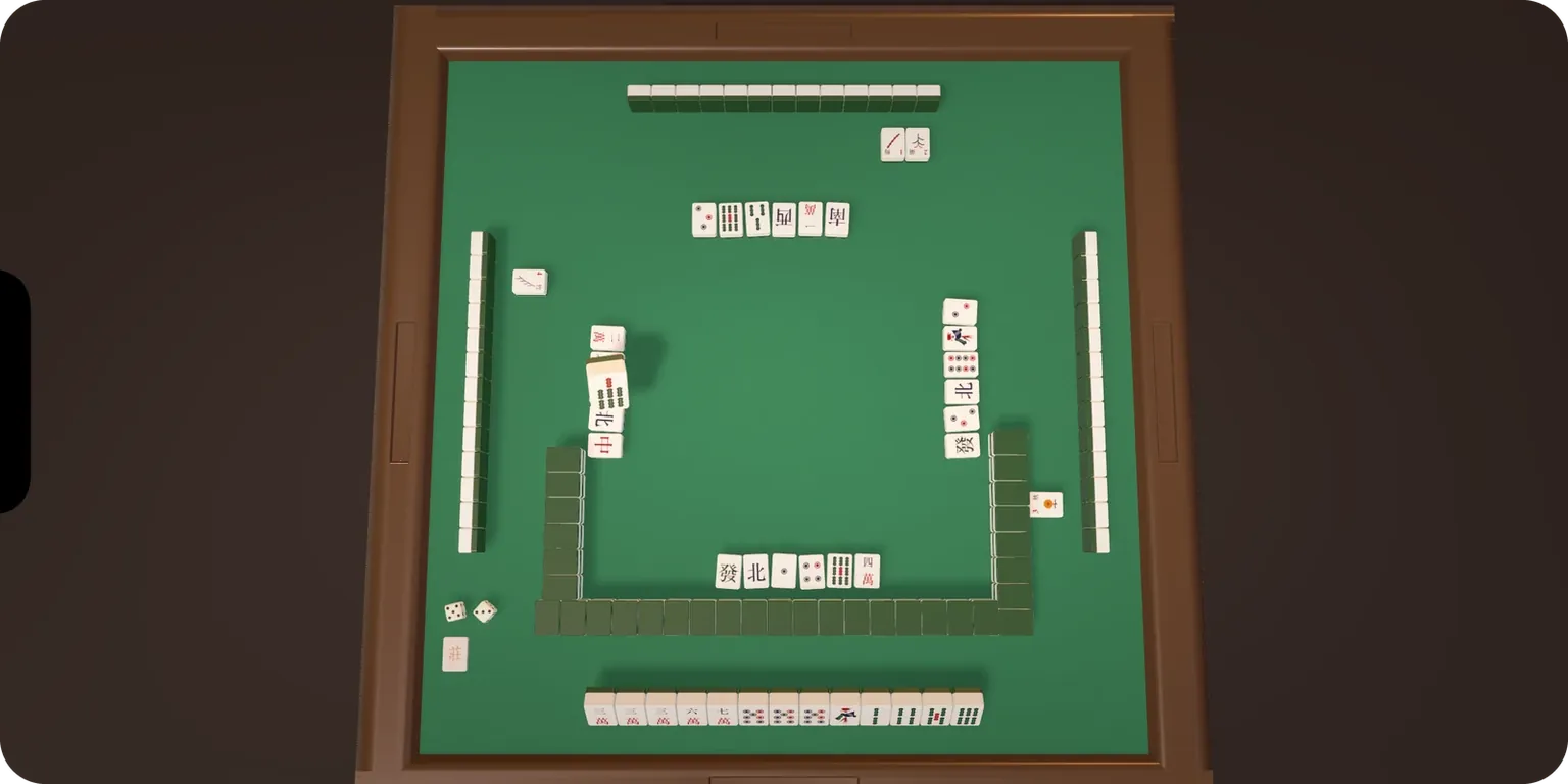 A top-down view of the mahjong table showing every player's discarded tiles