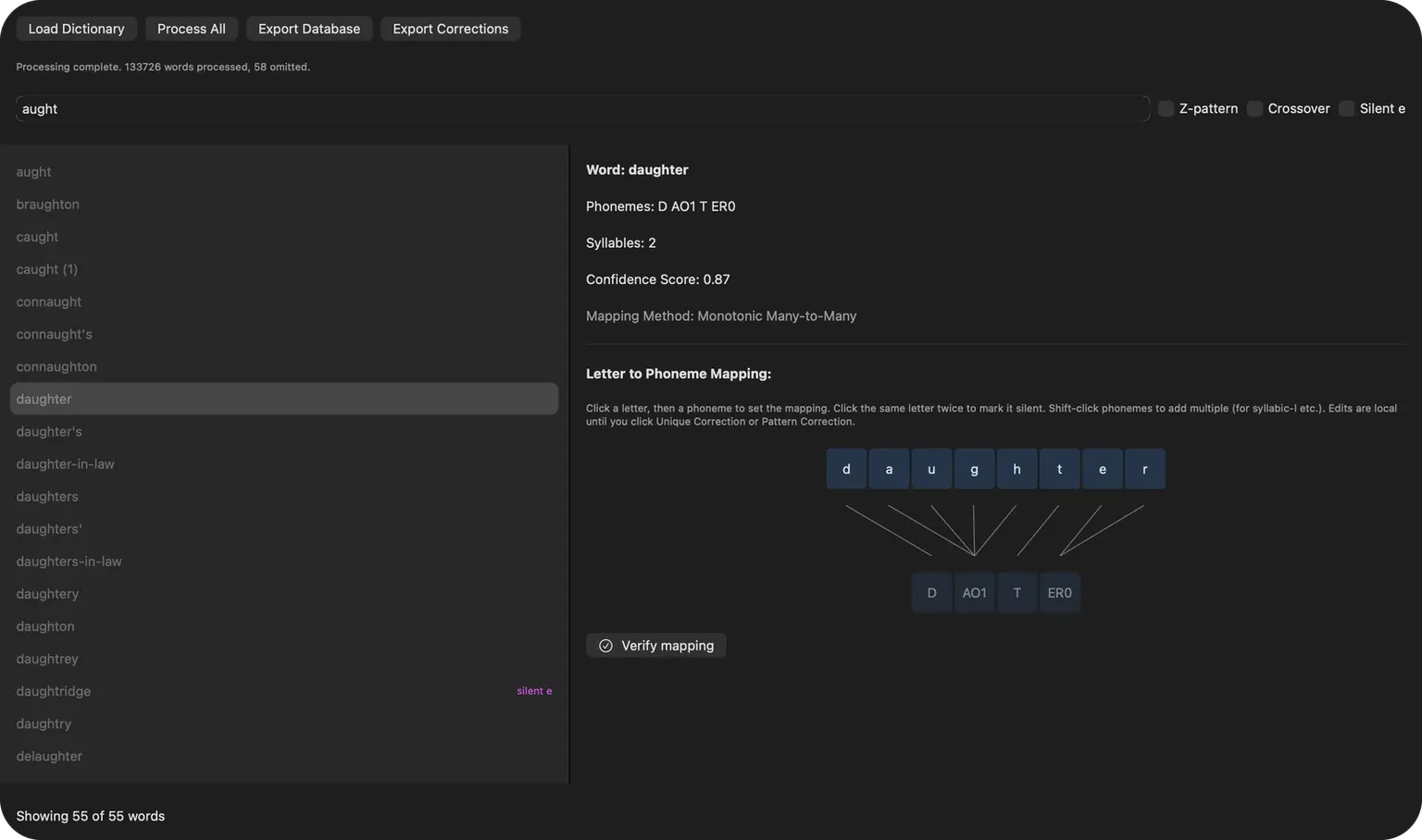 The cmuDB Mac app after processing 133,726 words, showing search results for 'aught' and a diagram mapping each letter of 'daughter' to its sounds