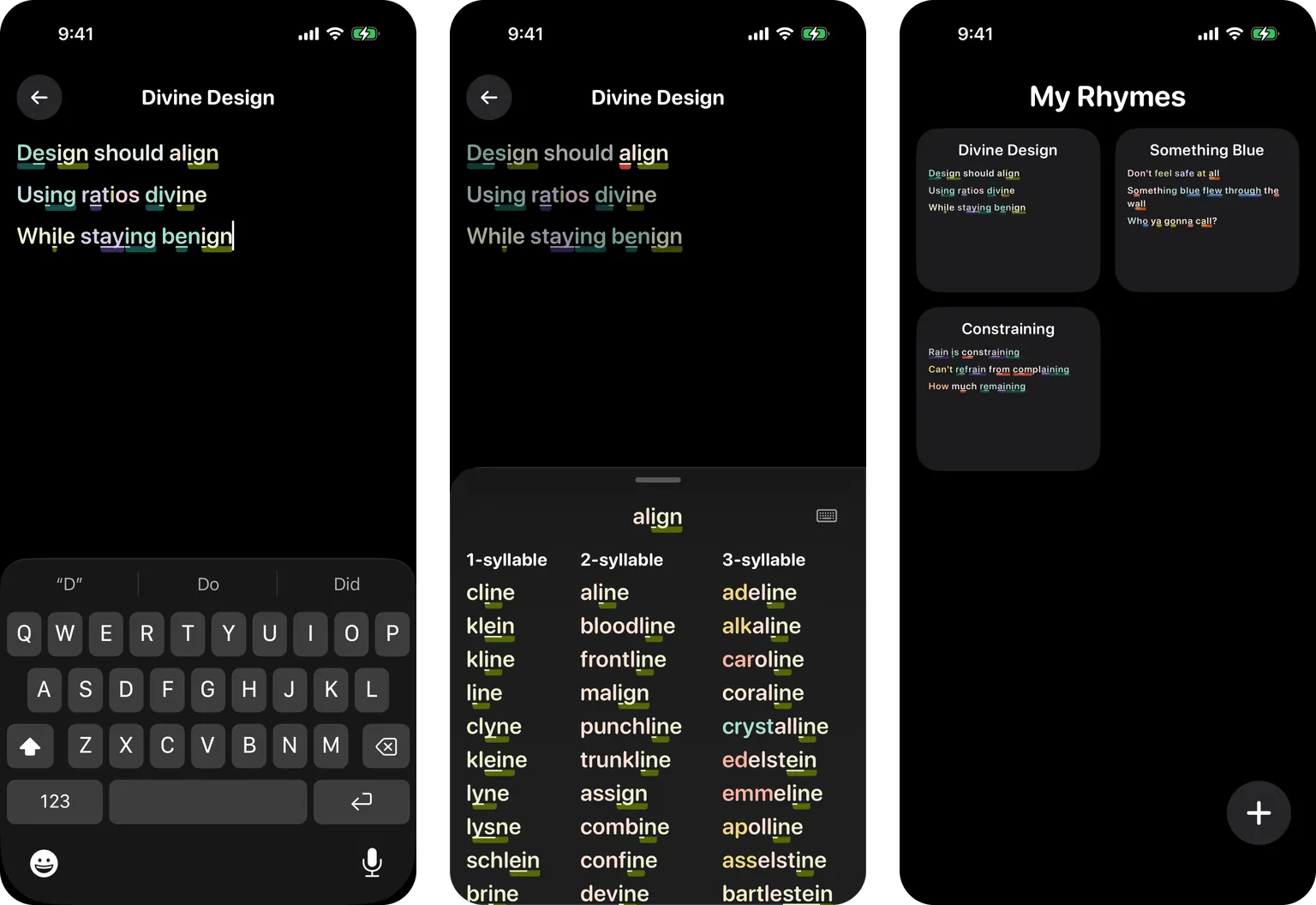 3 phone screens: the Divine Design rhymeku coloured by vowel sound while typing, a drawer of rhymes for the word align, and a list of 3 saved rhymekus shown as coloured cards