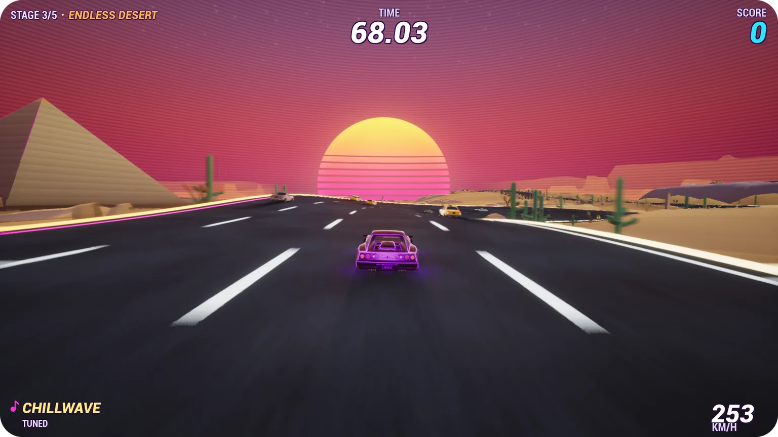 A purple sports car racing down a desert highway between a pyramid and saguaro cacti, toward a striped sun