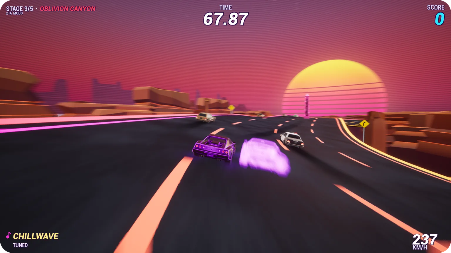 The car and its glowing ghost wingman racing through Oblivion Canyon with a police car and civilian traffic just ahead, red mesas on both sides and a striped sun on the horizon