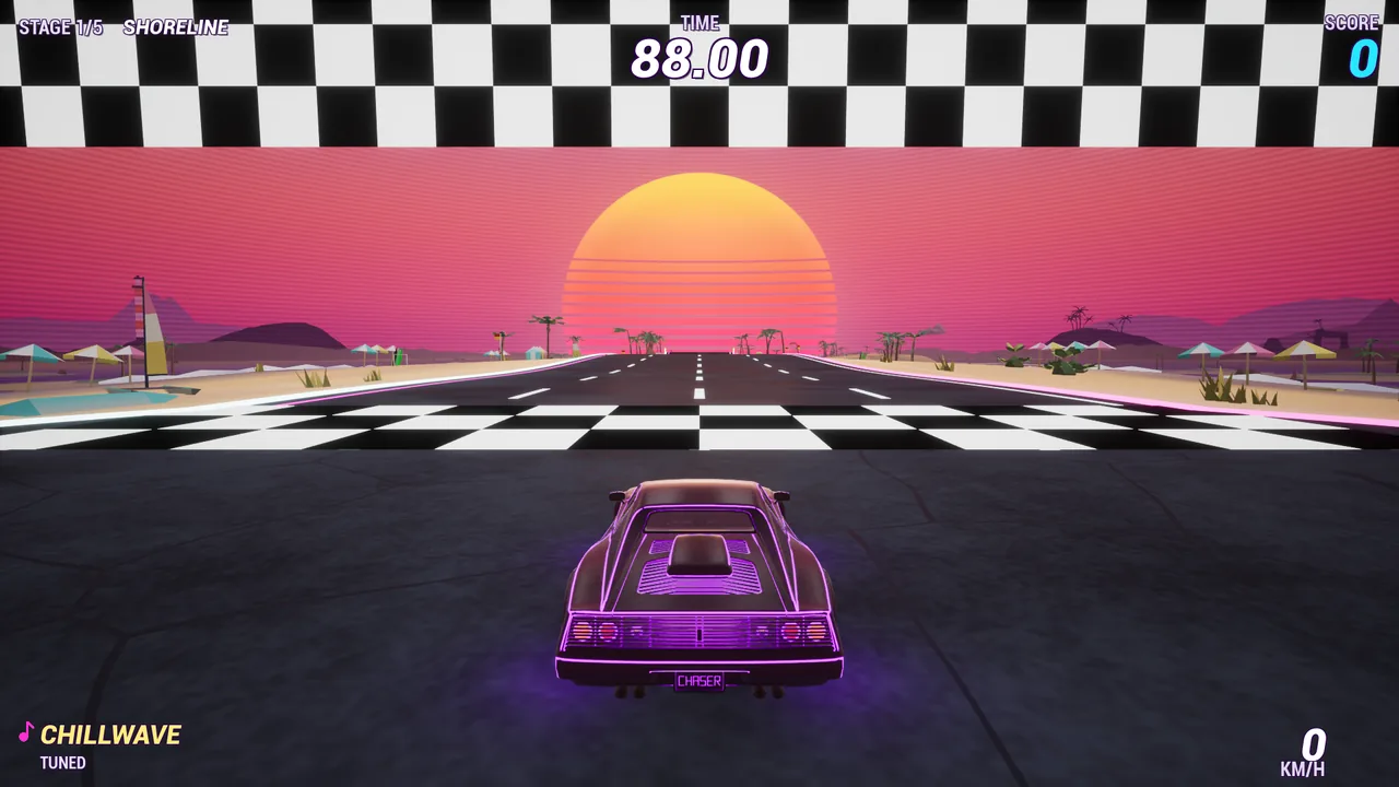 A neon-outlined sports car on a checkered start line, pointed at a striped synthwave sun