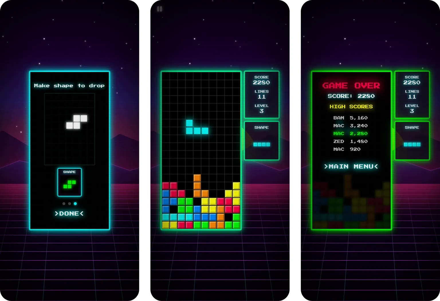 3 phone screens: an animated how-to-play step, a game in progress, and the game over screen with high scores