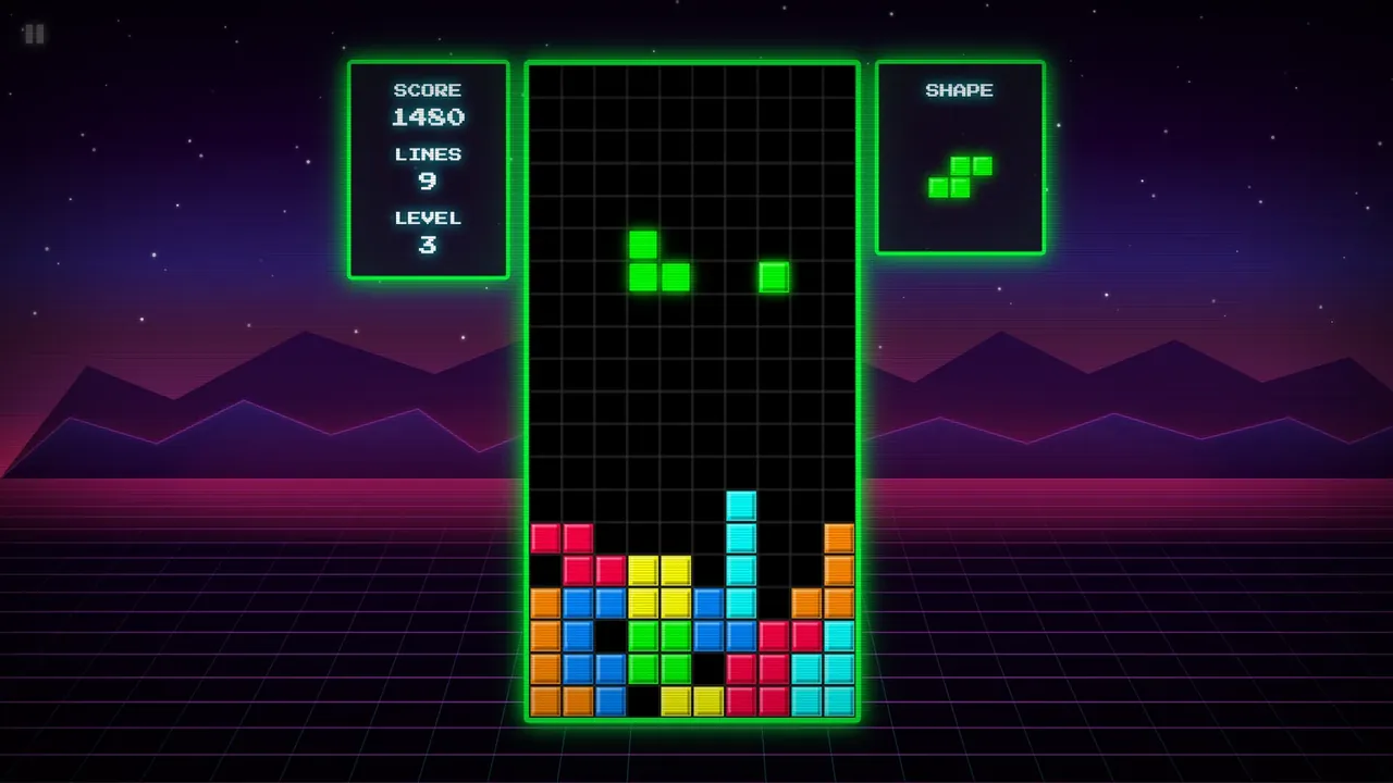 TETRASNAKE mid-game, with a green snake inside a neon Tetris well above a colourful stack of blocks, set against a synthwave sunset