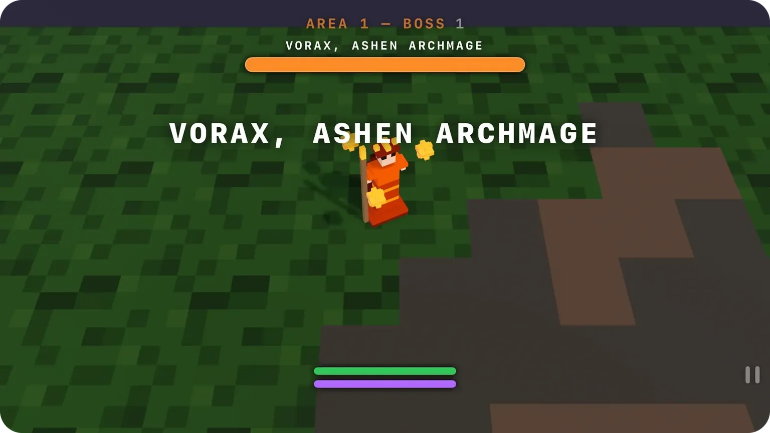 A title card introducing Vorax, Ashen Archmage, with a boss health bar at the top of the screen