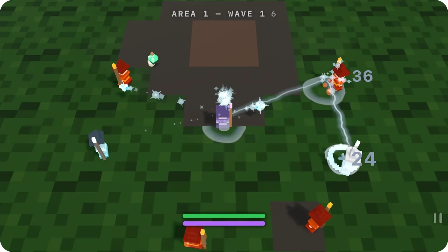 A chain of ice lightning jumping between enemy mages, with damage numbers floating above them