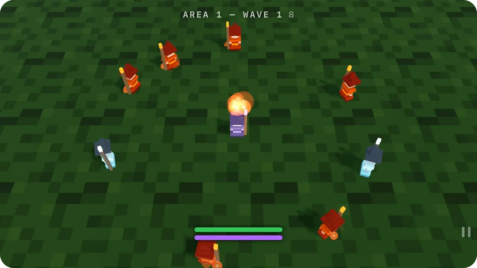 A fireball hovering over the wizard's head as enemy mages close in