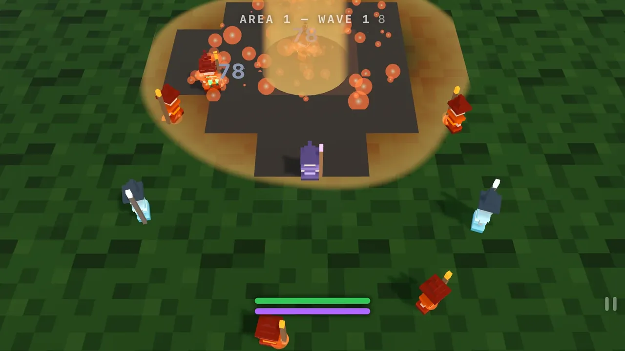A small voxel wizard beside a column of fire, surrounded by fire and ice mages on a grassy field